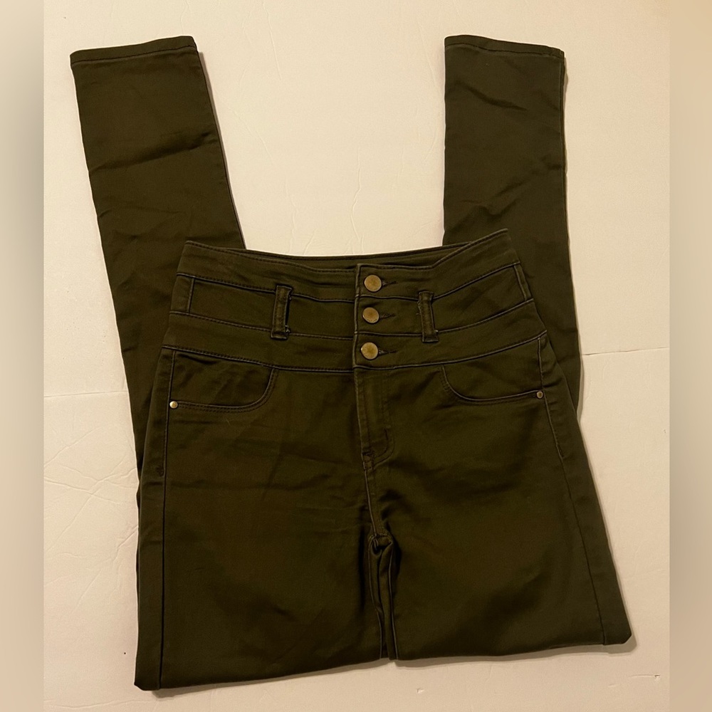 Refuge Jeans Women Size 2 Mid Rise Skinny Green Denim Three Front Buttons
